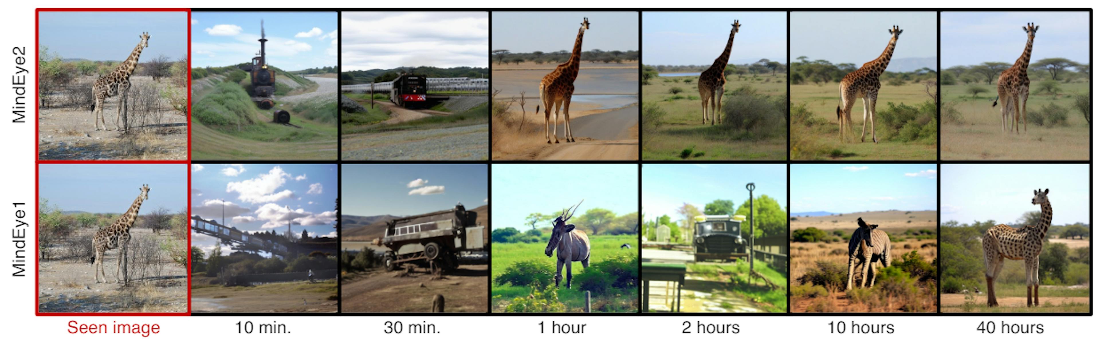 Figure 1: MindEye2 vs. MindEye1 reconstructions from fMRI brain activity using varying amounts of training data.